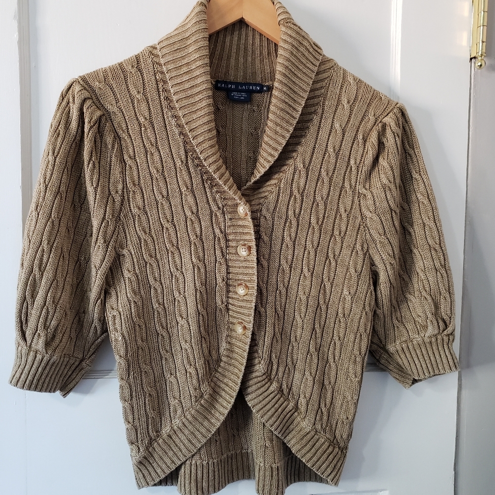Ralph Lauren Blue Label Button Front Cardigan Knit Sweater 100% Linen Brown SzXL